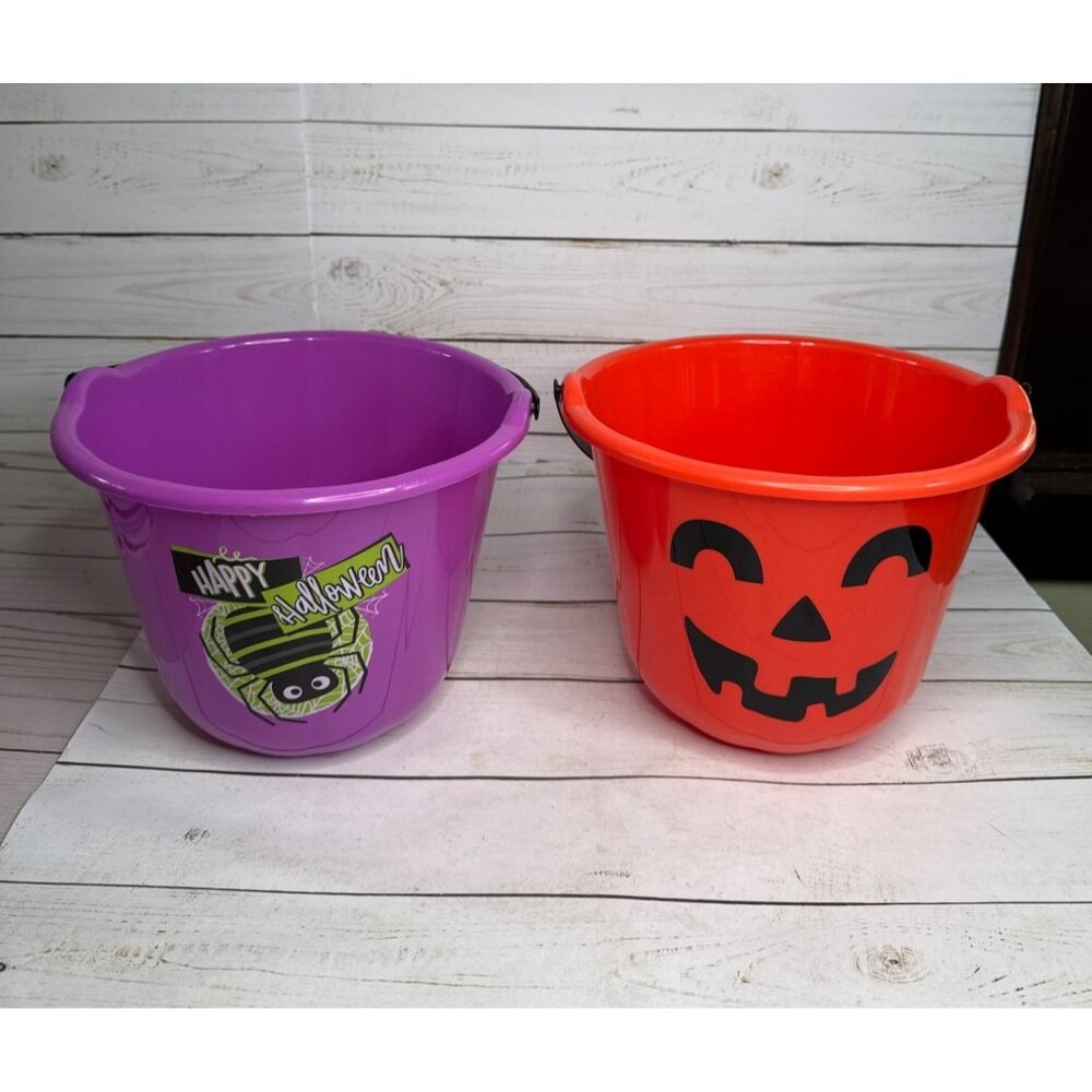 Lot of 2 Purple Spider Jack-O'-Lantern Halloween Treat Bucket 7"x7" Greenbrier‎